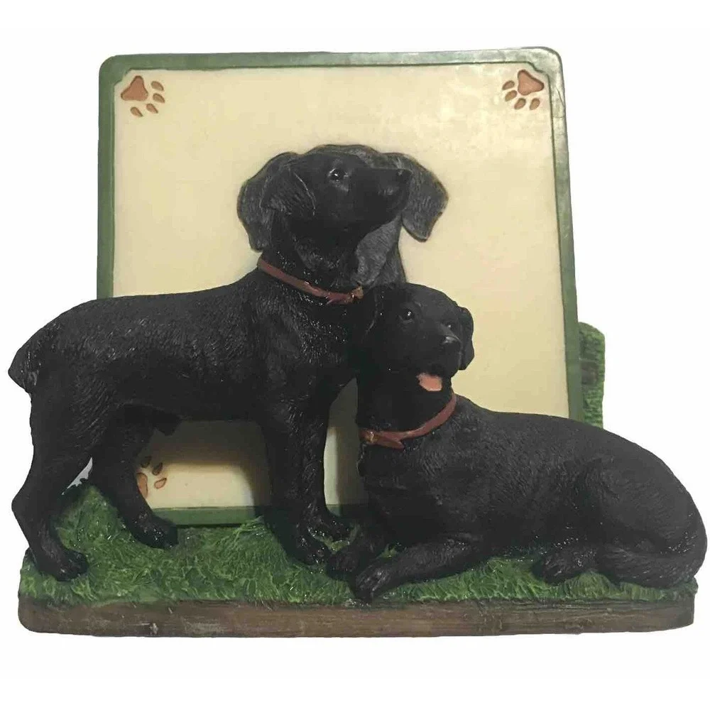 Black Lab Dogs Four Coaster Set with Holder Handpainted 3D Resin Read Descript